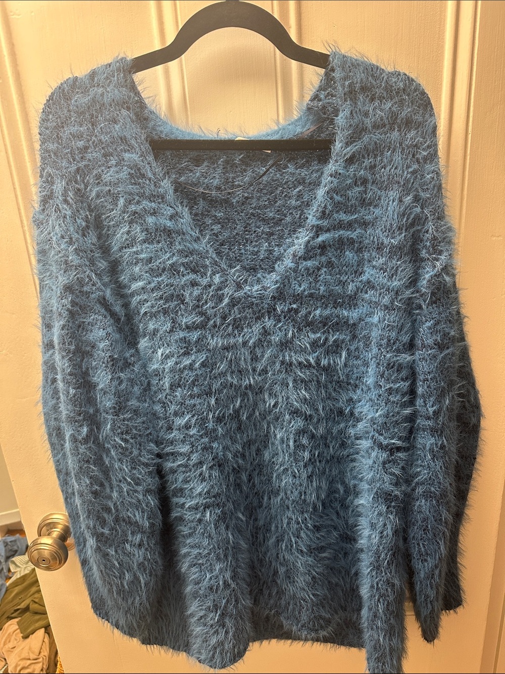 Free People Plush V-Neck Fuzzy Sweater in Teal